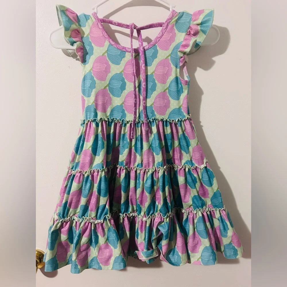 Pete + Lucy Bloomin Blossoms Colorful Kids Dress with Ruffle Sleeves, Size 5.